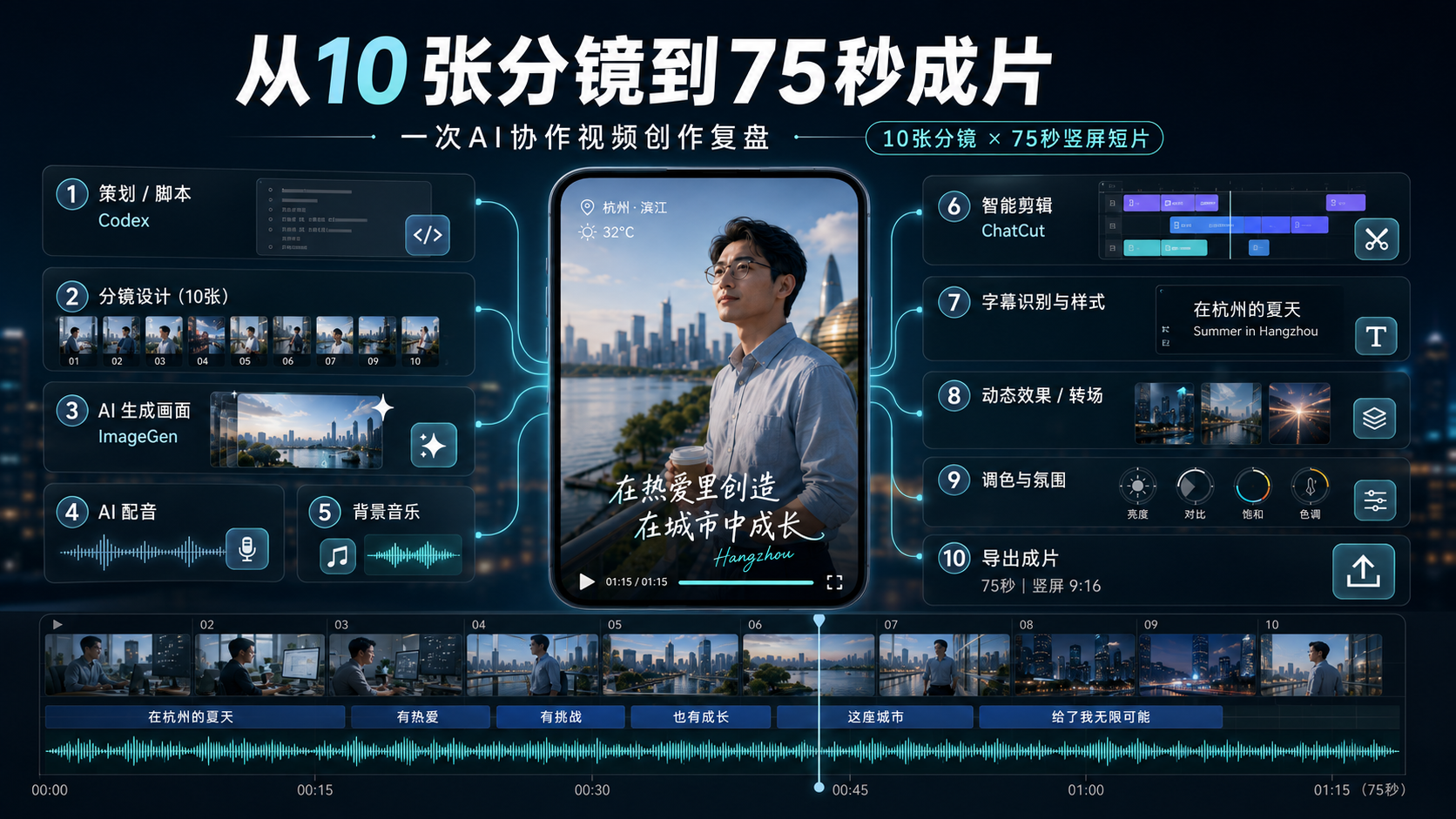 从10张分镜到75秒成片的AI协作视频创作流程图